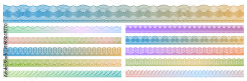 Rainbow security guilloche border frames and dividers, money currency watermark line ornament. Intricate security borders with circles, and spiral motifs. Vector dividers for document borders