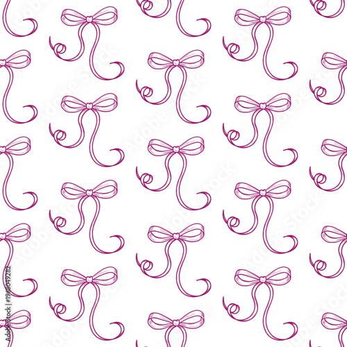 Hand drawn bows in simple line art seamless vector pattern. Whimsical delicate ribbon print in girly flirty style. Cute endless background for fabric and wallpaper. Bachelorette party design.