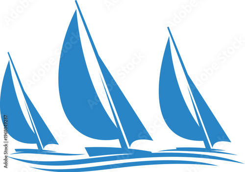 Sail yachts on regatta icon for yachting sport club with sailboats on waves, vector badge. Three yachts sailing on ocean or sea waves, blue silhouettes symbol for marine or nautical sport club