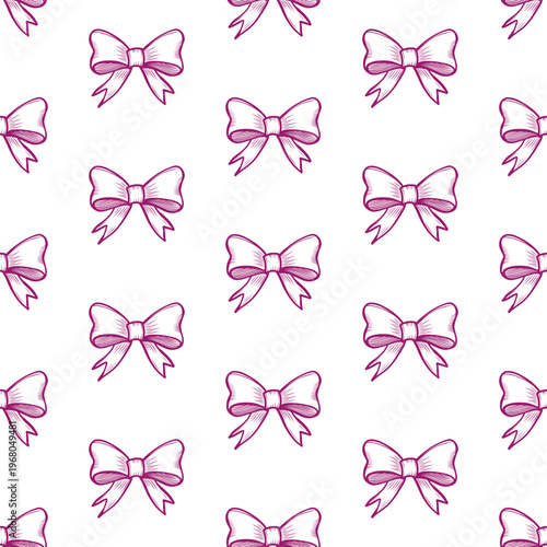 Hand drawn bows in simple line art seamless vector pattern. Whimsical delicate ribbon print in girly flirty style. Cute endless background for fabric and wallpaper. Bachelorette party design.