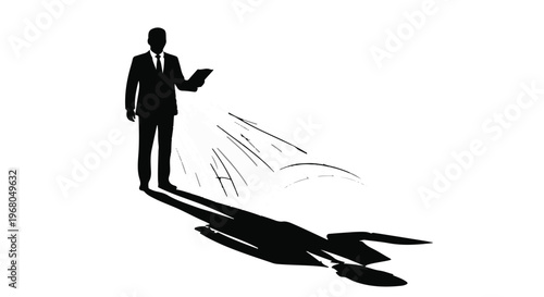 Businessman's silhouette casts a shadow that transforms into a rocket, symbolizing career ambition, professional growth, and the launch of new ideas.