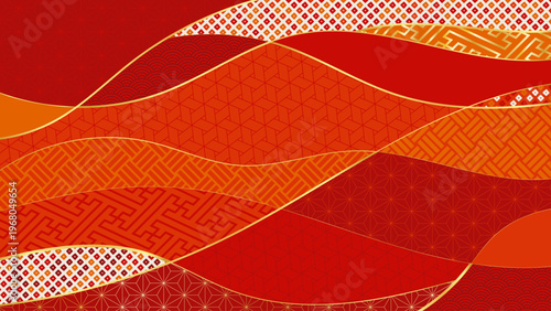 ランダムの曲線、波線の和風な背景イラスト_黒背景