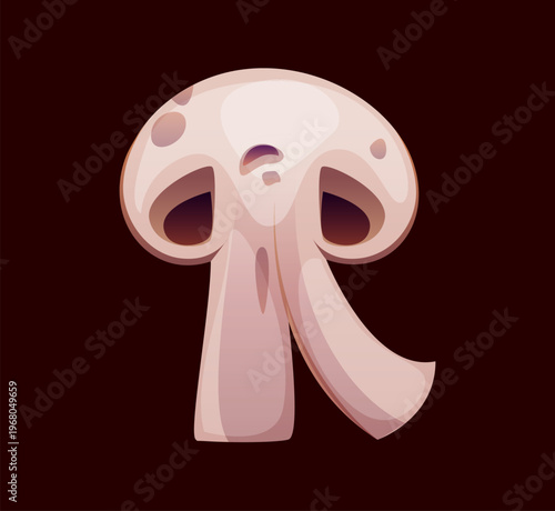 Cartoon letter R as sliced champignon mushroom. Barbecue font, bbq typeface, abc barbeque English alphabet type character as fresh edible fungus plant with cap and stem for food and cooking theme