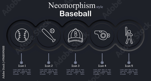 Baseball set icon. Baseball ball stitching, bat hitting equipment, team cap uniform, referee whistle signal, batter stance swing, sport competition stadium game.