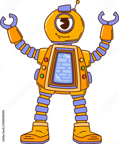 Cartoon groovy hippie robot cyclops character in retro y2k mood. Cute funny vector droid personage with smile face, antenna, claw arm and control panel exudes nostalgic 60s 70s old school playful vibe