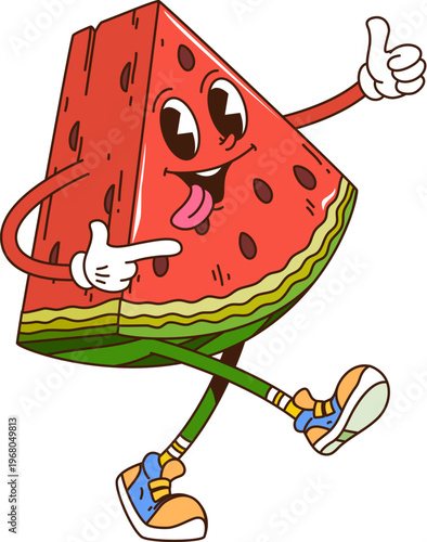 Cartoon funky groovy watermelon fruit slice, hippie trippy vacation character. Vector retro quirky food personage with smiling face, cheerfully dancing with thumbs up sign, exuding hippie summer vibes