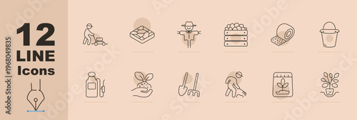 Gardening and agriculture line icons set with lawn mowing, soil bed, scarecrow, harvest crate, hay bale, bucket, fertilizer bottle, seedling hand, garden tools, digging worker, plant pot growing tree