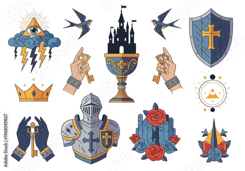Medieval Heraldic Symbols and Knight Icons Set with Armor, Crown, Chalice, and Esoteric Tattoo Style Illustrations Isolated on White Background