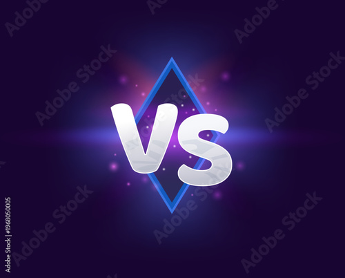 Vs versus sign, showdown battle fight confrontation or competition symbol with glowing lightning effect on purple background with blue diamond shape. Vector emblem for sport game, match or tournament