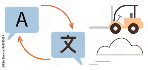 Translation services, global communication, logistics, supply chain, teamwork, industry. Speech bubbles with arrows and forklift icons translation and global work integration. Translation
