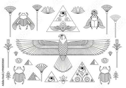 Ancient Egyptian Symbols Set: Winged Horus Hawk, Scarabs, Pyramids, and Eye of Ra Line Art for Coloring Book, Tattoo, or Graphic Design