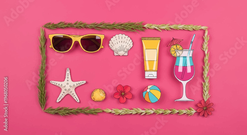 Flat lay of summer vacation essentials arranged in a frame on a vibrant pink background, perfect for a tropical getaway.