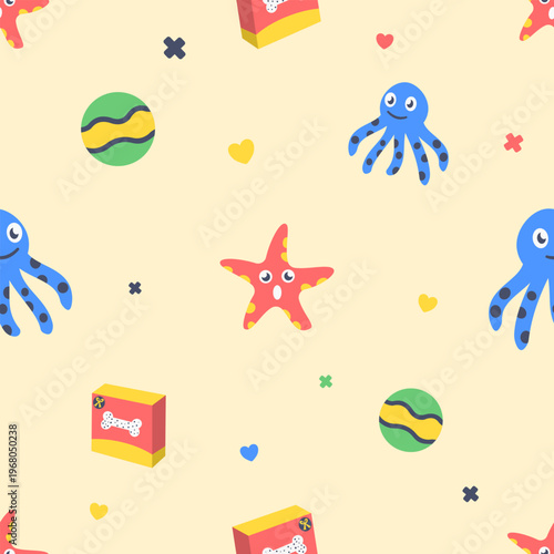 Ocean dream pet squeaky toys seamless pattern with starfish and octopus. Summer tropical flat design vector background for animal gift wrap and pet accessory branding