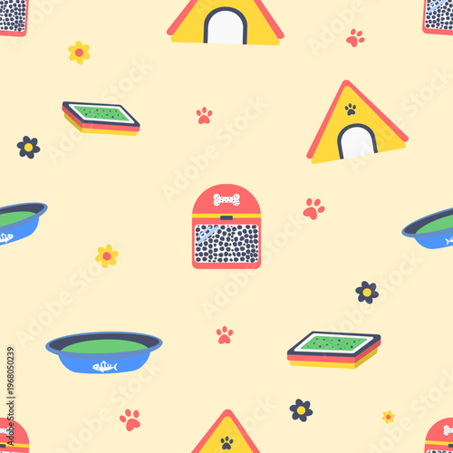 Tropical home pet living seamless pattern with dog house and litter box. Flat design vector illustration for domestic animal supplies and pet shelter interior decor