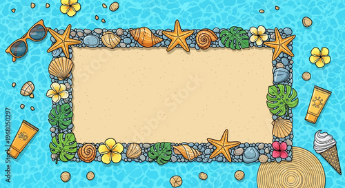 A vibrant summer-themed frame with starfish, seashells, tropical leaves, and flowers surrounding a sandy center, set against a blue rippled water background with beach accessories.