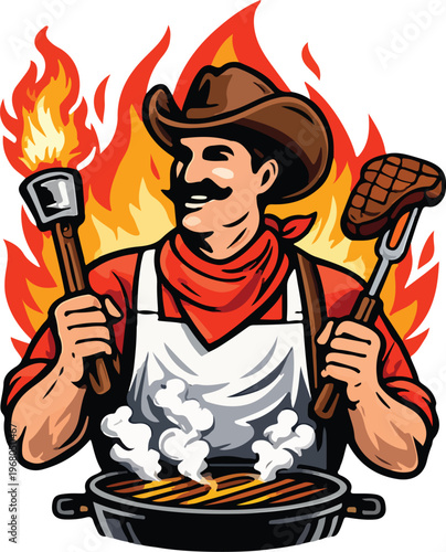 Cartoon cowboy chef grilling steak with spatula flames and barbecue grill on fiery background for fun cooking design