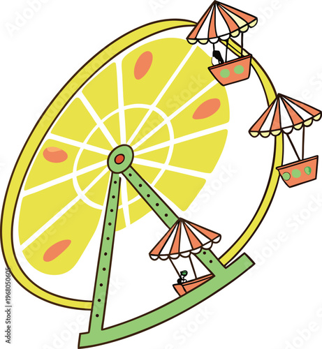 Colorful carnival Ferris wheel, amusement park ride, yellow and green, cartoon illustration, funfair attraction
