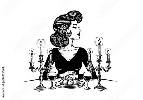 Elegant Vintage Woman at Candlelit Dinner Table, Retro Woodcut Illustration of a Glamorous Lady in Black Dress, Romantic Noir Dining Scene