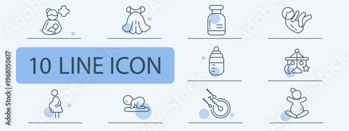Motherhood set icon. Caregiver with child, bonnet, bottle, fetus, feeding bottle, crib mobile, pregnant figure, crawling baby, pacifier, rocking toy. Infant care, maternity visuals.