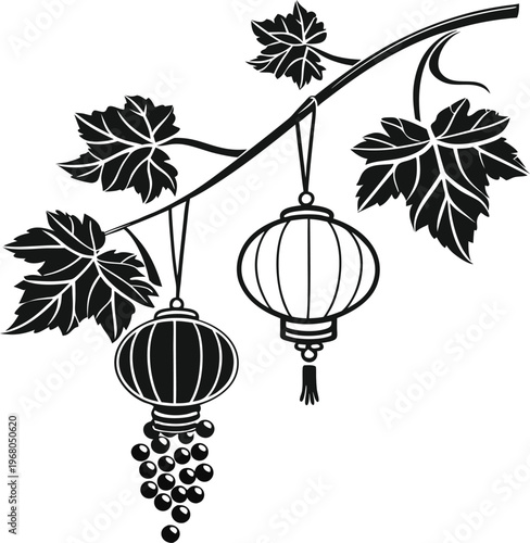 Black and white vector lanterns on grapevine branch, hanging paper lanterns, vine leaves and grapes, monochrome illustration