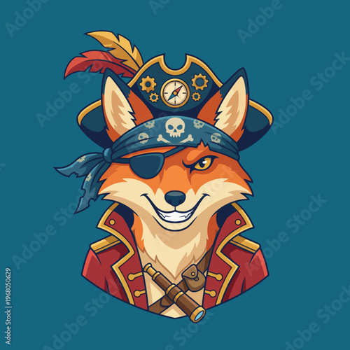 A dynamic pirate fox character dons a stylish hat and coat, exuding charisma and adventure, perfect for playful themes or storytelling visuals aimed at children.