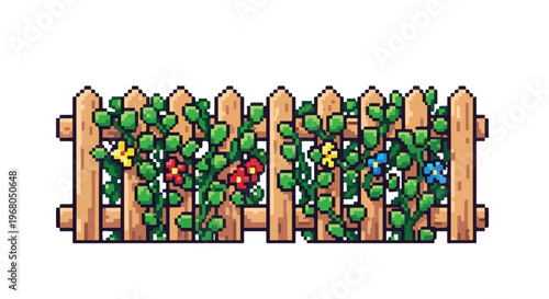 A charming pixel art illustration of a light brown wooden picket fence overgrown with lush green vines and blooming yellow, red, and blue flowers.