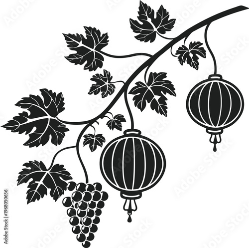 Black and white vector illustration, grapevine with lanterns, Chinese grape harvest, decorative leaves