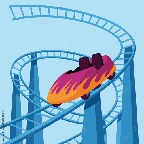 An energetic illustration of a roller coaster car racing on twisting tracks, capturing the thrill and excitement of amusement parks and adventure rides in a playful design.