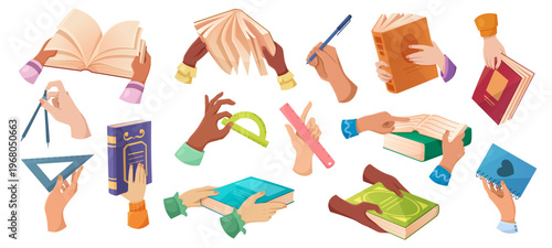 Hands holding open books and school supplies. Study elements of notebooks, pencils, rulers and paper pages. Cartoon design with reading students, library literature and university education stickers.