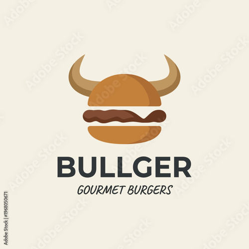 A creative logo design featuring a burger with bull horns, representing gourmet burgers. Ideal for a burger restaurant or food delivery service branding.