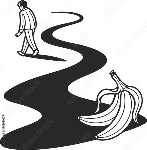 Black and white illustration, man walking away from bananas, winding road, simple line art