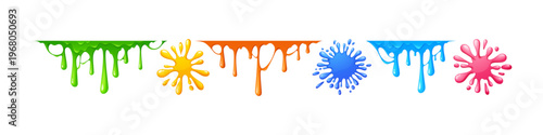 Slime splash collection with dripping jelly texture and sticky liquid effects. Colorful goo blobs, halloween splat shapes and slimy drops on white background. Cartoon vector mucus toxic drips.