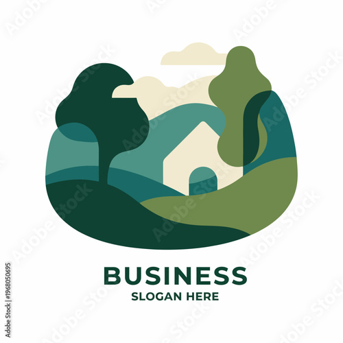 A logo design depicting a serene nature landscape, encapsulating a business identity that values harmony and environmental consciousness, suitable for green initiatives.