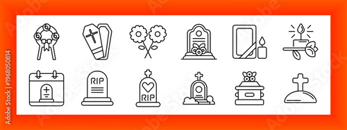 Funeral memorial set icon. Coffin box, wreath flowers, grave stone, tomb monument, candle flame, calendar mark, rip headstone, memorial stone, urn container, cross grave