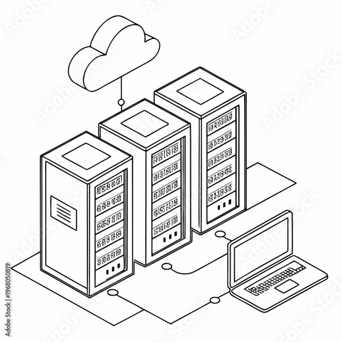 An isometric line drawing depicts data servers connected to a laptop showcasing cloud computing and network infrastructure concepts high quality