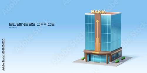 3D bank or office building isometric icon with glass facade, vector architecture object. Business office with bank sign, modern technology building of financial center for isometric architecture