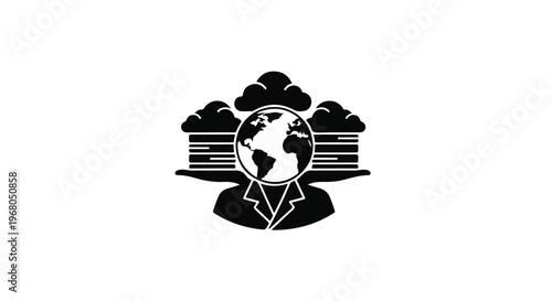 A business figure with a globe for a head and data clouds above represents global communication, cloud computing, and international data management concepts.