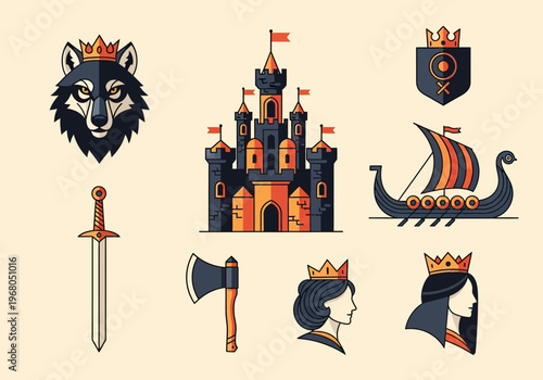 Medieval Fantasy Icon Set with Royal Castle, Viking Ship, Wolf King, Sword, and Crowns in Flat Vector Style