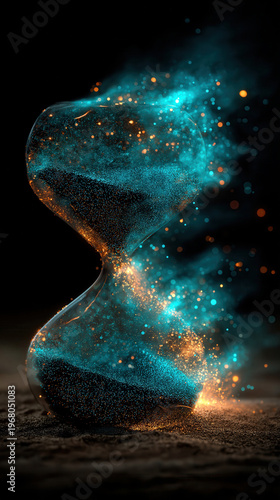 Hourglass with glowing sand and particles at night