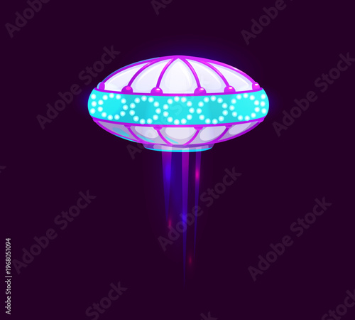 Cartoon UFO or unidentified flying object saucer for game asset, vector icon. Extraterrestrial spaceship or Martian alien spacecraft rocket from outer space or fantasy galaxy world for UFO game icon