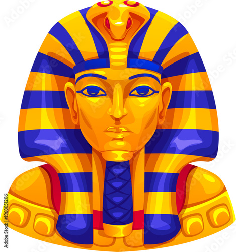 Ancient Egyptian game pharaoh mask icon with golden face and striped headdress. Golden burial Tutankhamun mask of ancient Egyptian treasures. Egypt bust Cartoon vector mummy artifact, historical item