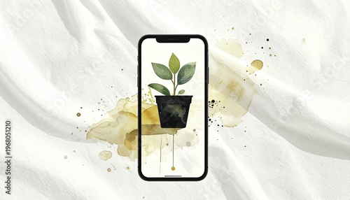 Smartphone Screen with a Potted Plant Watercolor Illustration