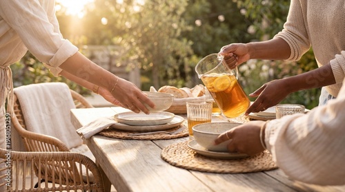 Fotografie Hands arranging plates and pouring iced tea on a rustic outdoor dining table, bathed in warm golden sunlight