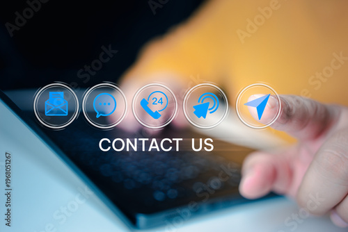 Man touch with virtual icons for assistance to support digital customer services. Customer support concept.