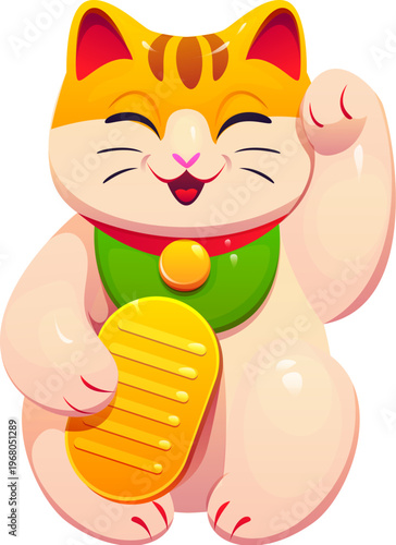 Cartoon lucky Japanese maneki neko lucky cat. Isolated vector cheerful kitten souvenir with a friendly smile and raised paw holding golden ingot. Traditional figure symbol of good luck and prosperity