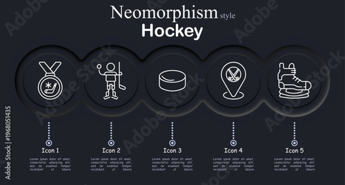 Hockey set icon. Neomorphic circular interface line icons with hockey medal emblem, player stick celebration, puck disk, rink location marker, ice skate boot blade.