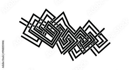 Abstract pattern of interlocking black square outlines creating a complex, flowing geometric design against a stark white background, suitable for modern backgrounds or decorative elements.