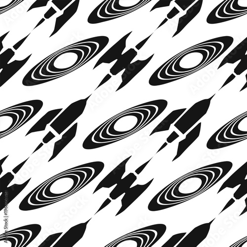 Seamless Retro Rocket Ship and Planet Vector Pattern, Minimalist Space Exploration Background for Textile, Wallpaper, and Modern Branding Design