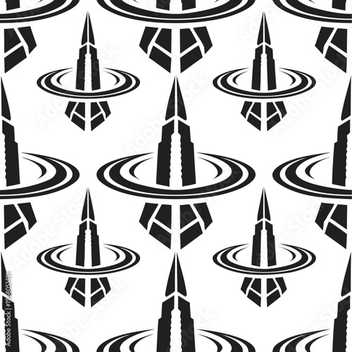 Seamless Retro Rocket Ship and Planet Vector Pattern, Minimalist Space Exploration Background for Textile, Wallpaper, and Modern Branding Design