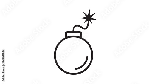 Bomb icon with a fuse and explosion symbol on white background, a simple black and white graphic representing danger or ignition.
